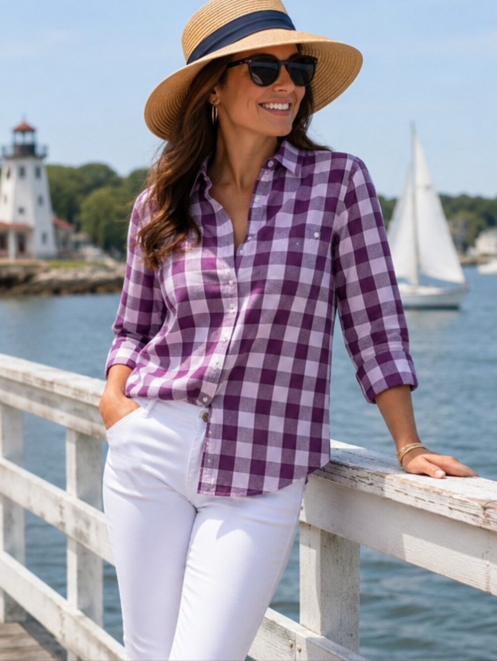 Talbots Plaid Pink/Purple Long Sleeve Tabs Button Up Top Western Coastal Sz XL